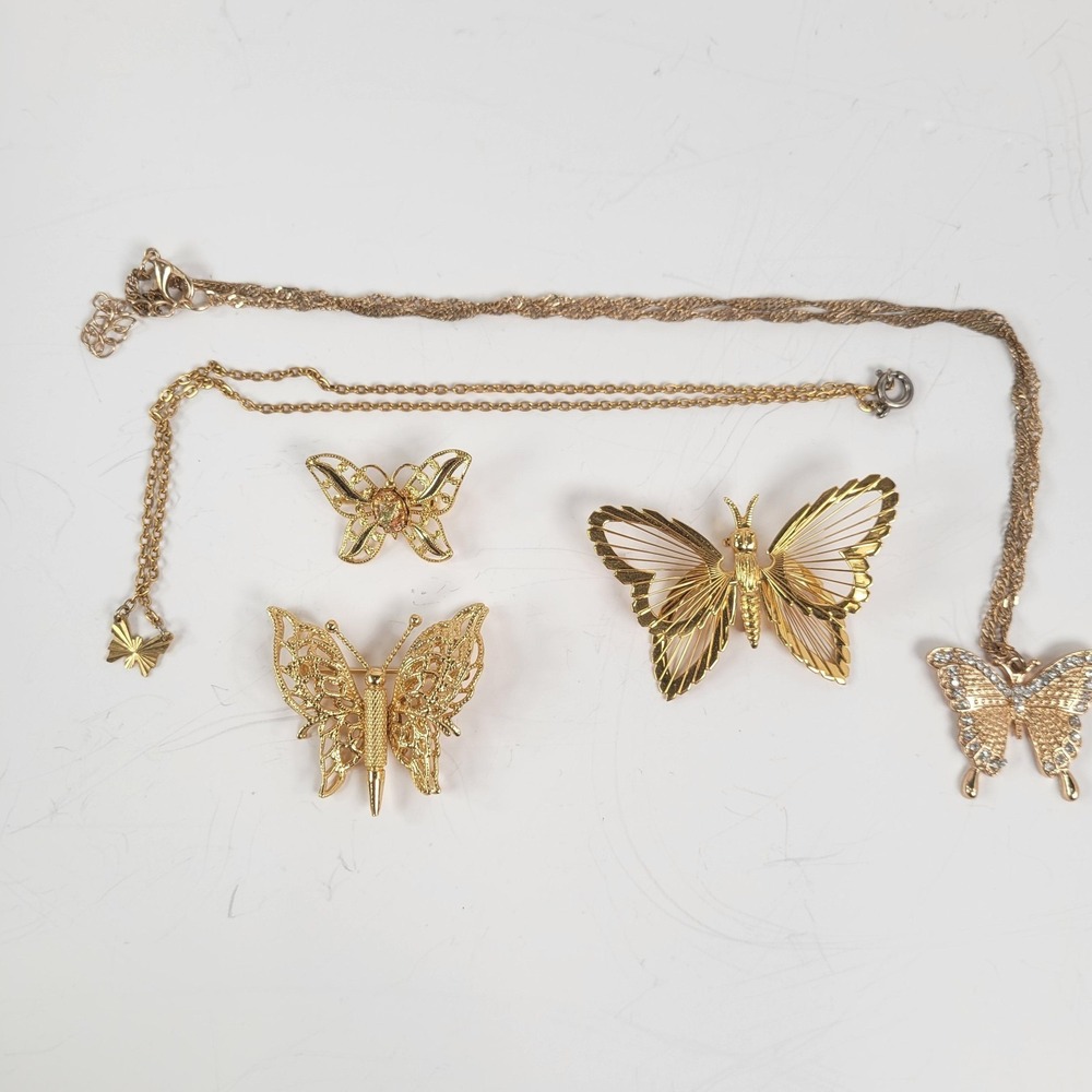 Vintage Butterfly Brooch Necklace Lot Of 5 2x Money Gold Tone Rhinestone Jewelry